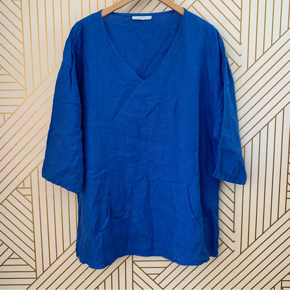 Bryn Walker Judy 100% Linen Pullover Shirt Pocket V Neck Blue kangaroo pocket L